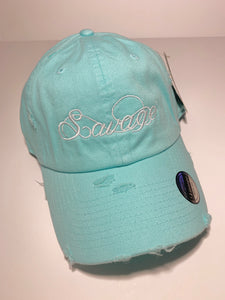 Turquoise Distressed Dad Hat w/White Stitching