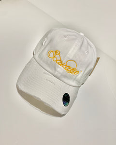 White Distressed Dad Hat w/Yellow Stitching