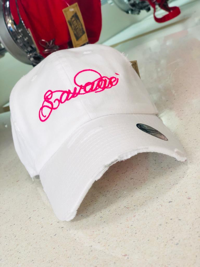 White Distressed Dad Hat w/Hot Pink Stitching