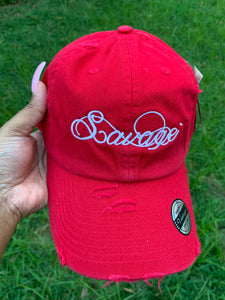 Red Distressed Dad Hat w/White Stitching