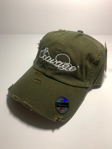 Olive Distressed Dad Hat w/White Stitching